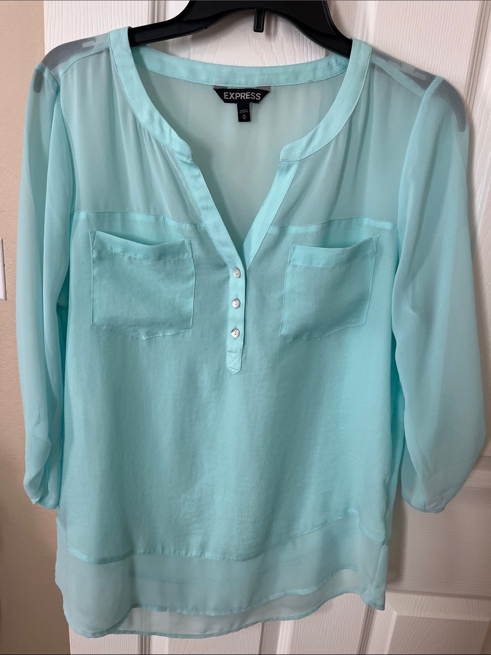 Express Mint Green Semi-Sheer Button V-Neck Blouse